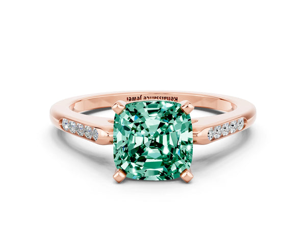 Rose gold Cushion Cut Green Sapphire Solitaire Ring with Channel Set Round  Band and Prong Setting