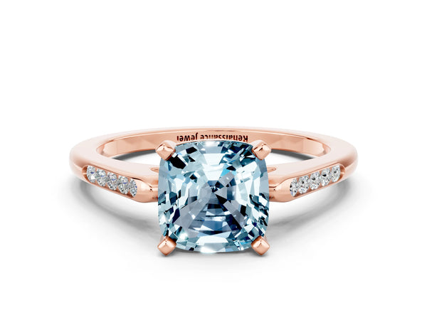 Rose gold Cushion Cut Aquamarine Solitaire Ring with Channel Set Round  Band and Prong Setting