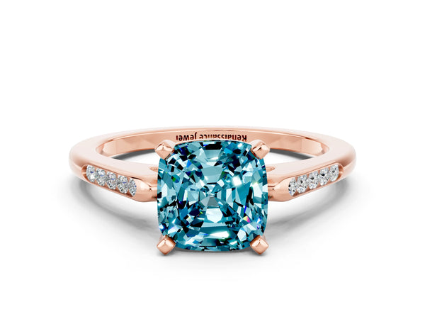 Rose gold Cushion Cut Blue Topaz Solitaire Ring with Channel Set Round  Band and Prong Setting