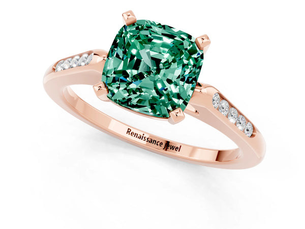 Rose gold Cushion Cut Green Sapphire Solitaire Ring with Channel Set Round  Band and Prong Setting
