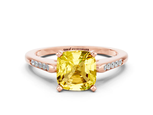 Rose gold Cushion Cut Yellow Sapphire Solitaire Ring with Channel Set Round  Band and Prong Setting