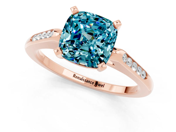 Rose gold Cushion Cut Blue Topaz Solitaire Ring with Channel Set Round  Band and Prong Setting