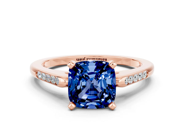 Rose gold Cushion Cut Blue Sapphire Solitaire Ring with Channel Set Round  Band and Prong Setting