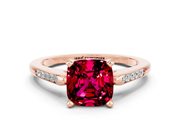 Rose gold Cushion Cut Garnet Solitaire Ring with Channel Set Round  Band and Prong Setting