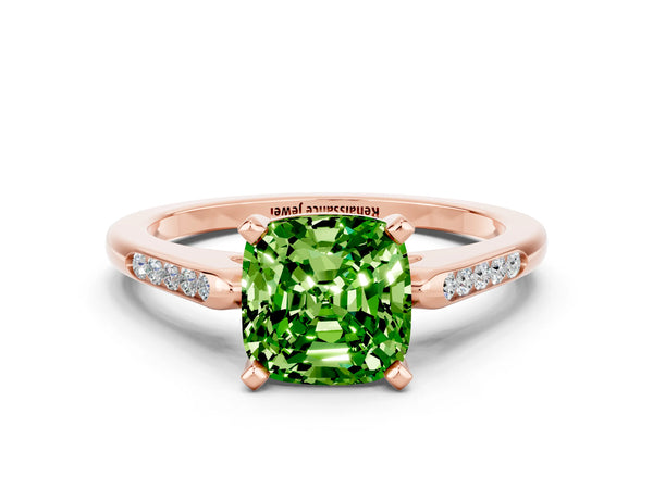 Rose gold Cushion Cut Peridot Solitaire Ring with Channel Set Round  Band and Prong Setting