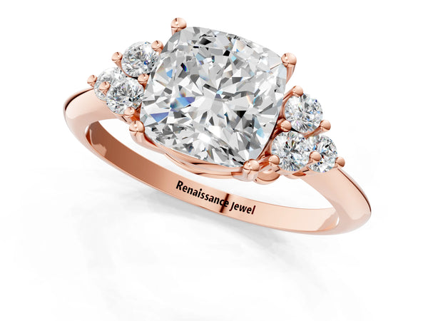 Rose Gold Cushion Cut Cluster Accent Engagement Ring Setting with Tapered Plain Band