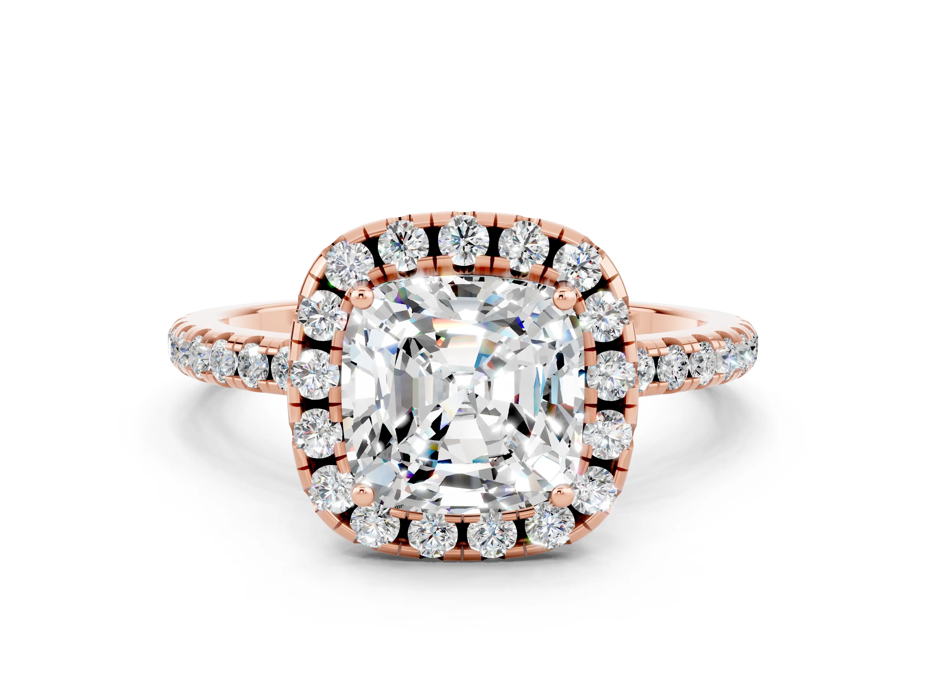 Rose gold Cushion Cut Cut Diamond Floral Halo Engagement Ring with Pavé Band and Prong Setting