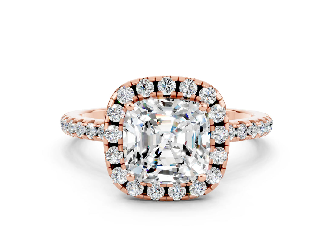 Rose gold Cushion Cut Cut Diamond Floral Halo Engagement Ring with Pavé Band and Prong Setting