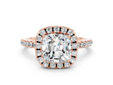 Rose gold Cushion Cut Cut Diamond Floral Halo Engagement Ring with Pavé Band and Prong Setting