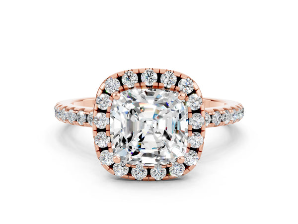 Rose gold Cushion Cut Moissanite Halo Engagement Ring with Round Pavé Band and Prong Setting