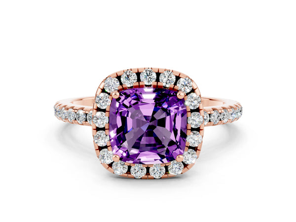 Rose gold Cushion Cut Amethyst Halo Engagement Ring with Round Pavé Band and Prong Setting