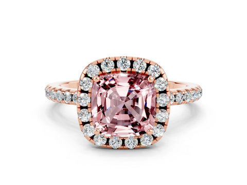 Rose gold Cushion Cut Cut Diamond Floral Halo Engagement Ring with Pavé Band and Prong Setting