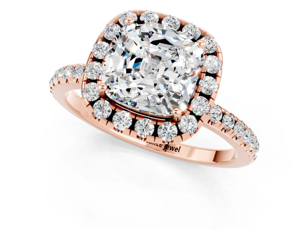 Rose gold Cushion Cut Moissanite Halo Engagement Ring with Round Pavé Band and Prong Setting
