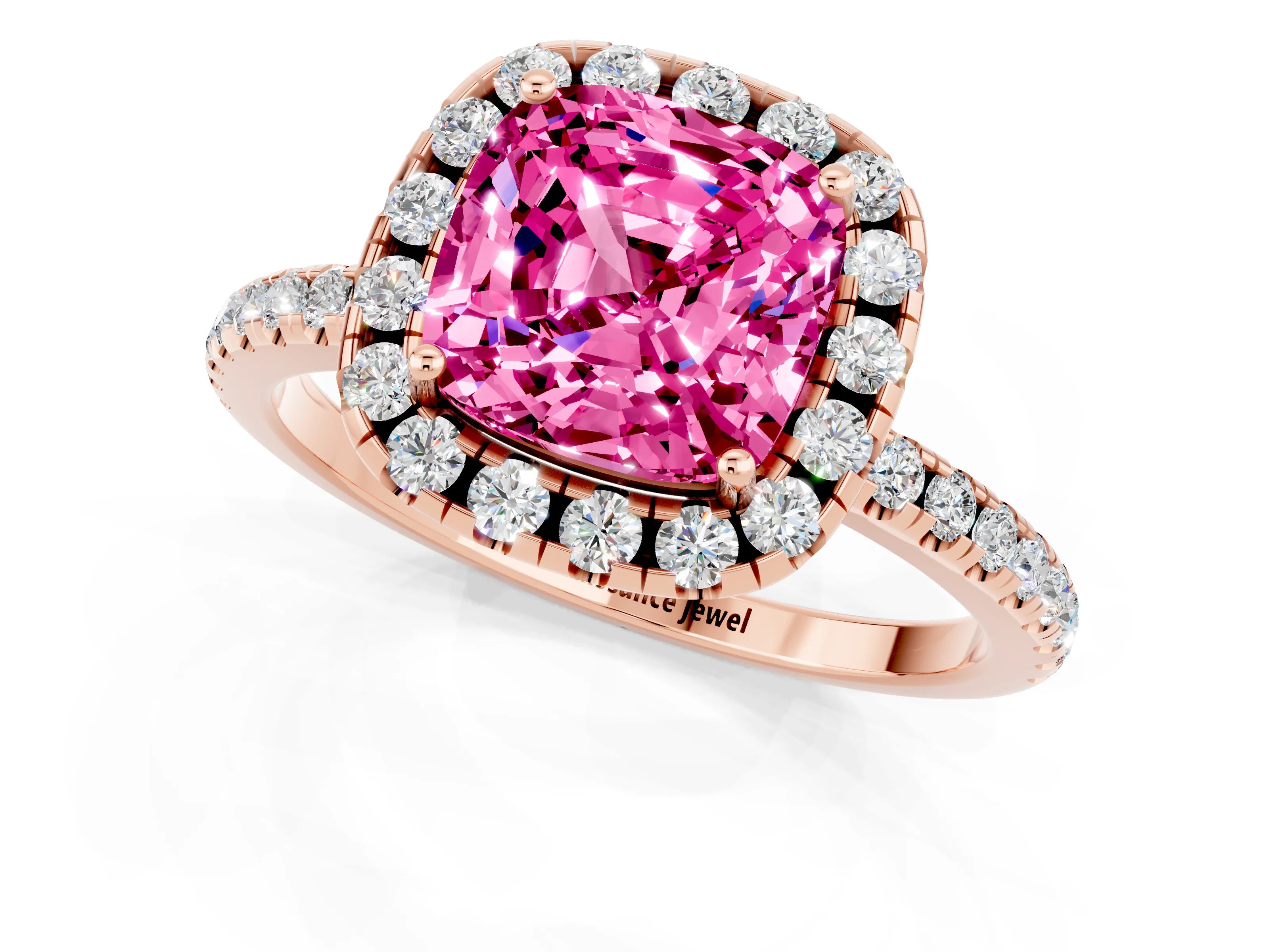 Rose gold Cushion Cut Cut Diamond Floral Halo Engagement Ring with Pavé Band and Prong Setting_1