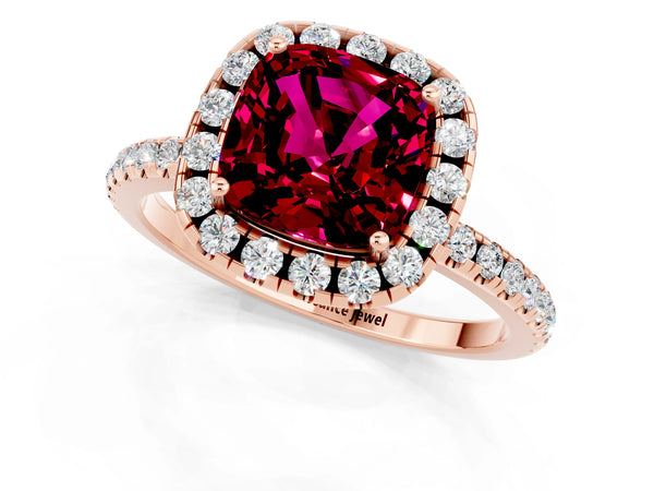 Rose gold Cushion Cut Garnet Halo Engagement Ring with Round Pavé Band and Prong Setting