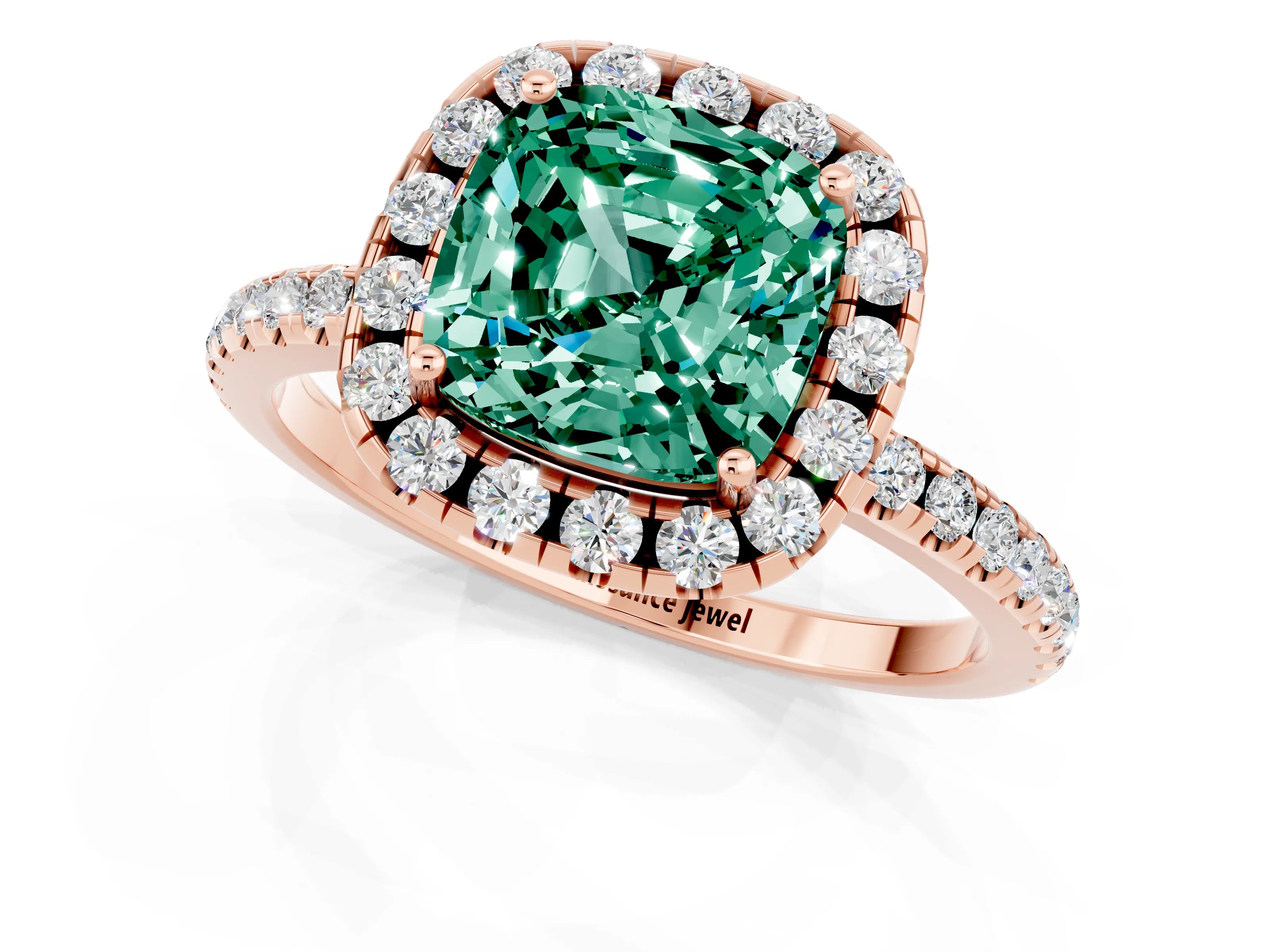 Rose gold Cushion Cut Cut Diamond Floral Halo Engagement Ring with Pavé Band and Prong Setting_1