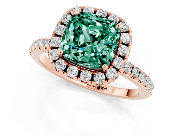 Rose gold Cushion Cut Green Sapphire Halo Engagement Ring with Round Pavé Band and Prong Setting