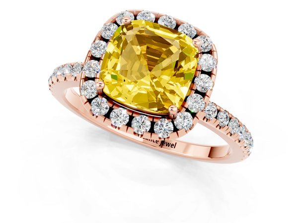 Rose gold Cushion Cut Yellow Sapphire Halo Engagement Ring with Round Pavé Band and Prong Setting