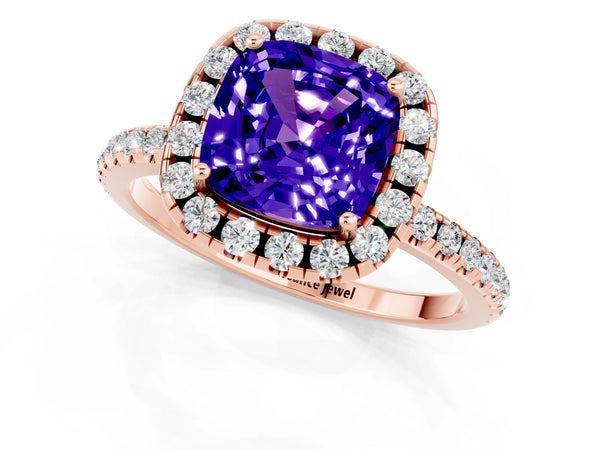 Rose gold Cushion Cut Tanzanite Halo Engagement Ring with Round Pavé Band and Prong Setting
