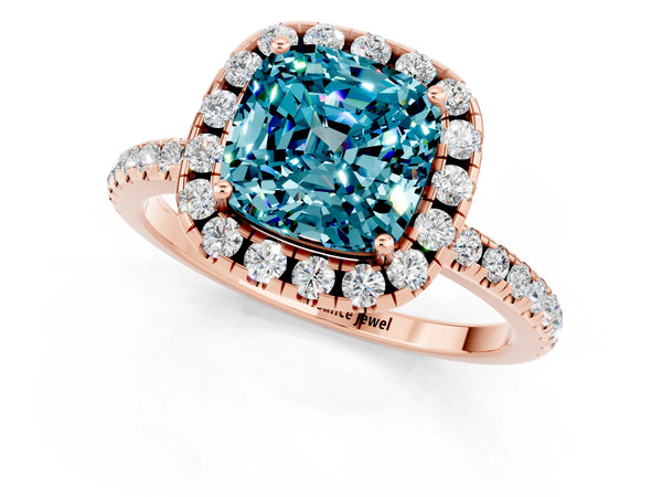 Rose gold Cushion Cut Cut Diamond Floral Halo Engagement Ring with Pavé Band and Prong Setting