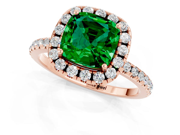Rose gold Cushion Cut Emerald Halo Engagement Ring with Round Pavé Band and Prong Setting