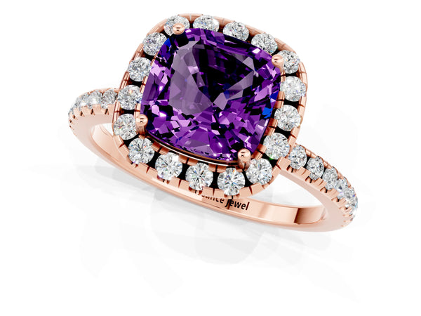 Rose gold Cushion Cut Amethyst Halo Engagement Ring with Round Pavé Band and Prong Setting