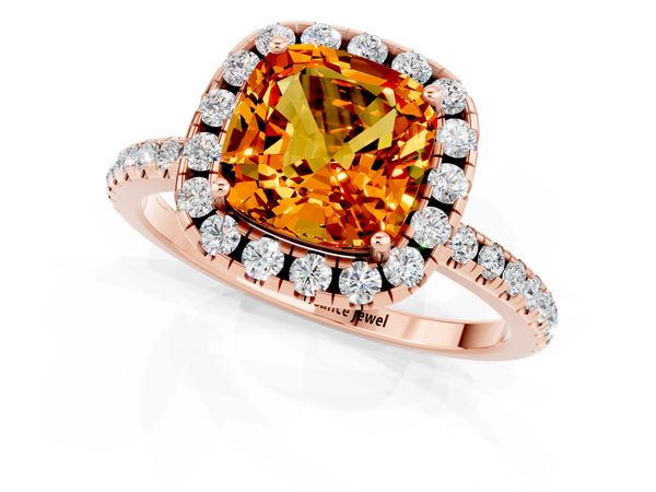 Rose gold Cushion Cut Citrine Halo Engagement Ring with Round Pavé Band and Prong Setting