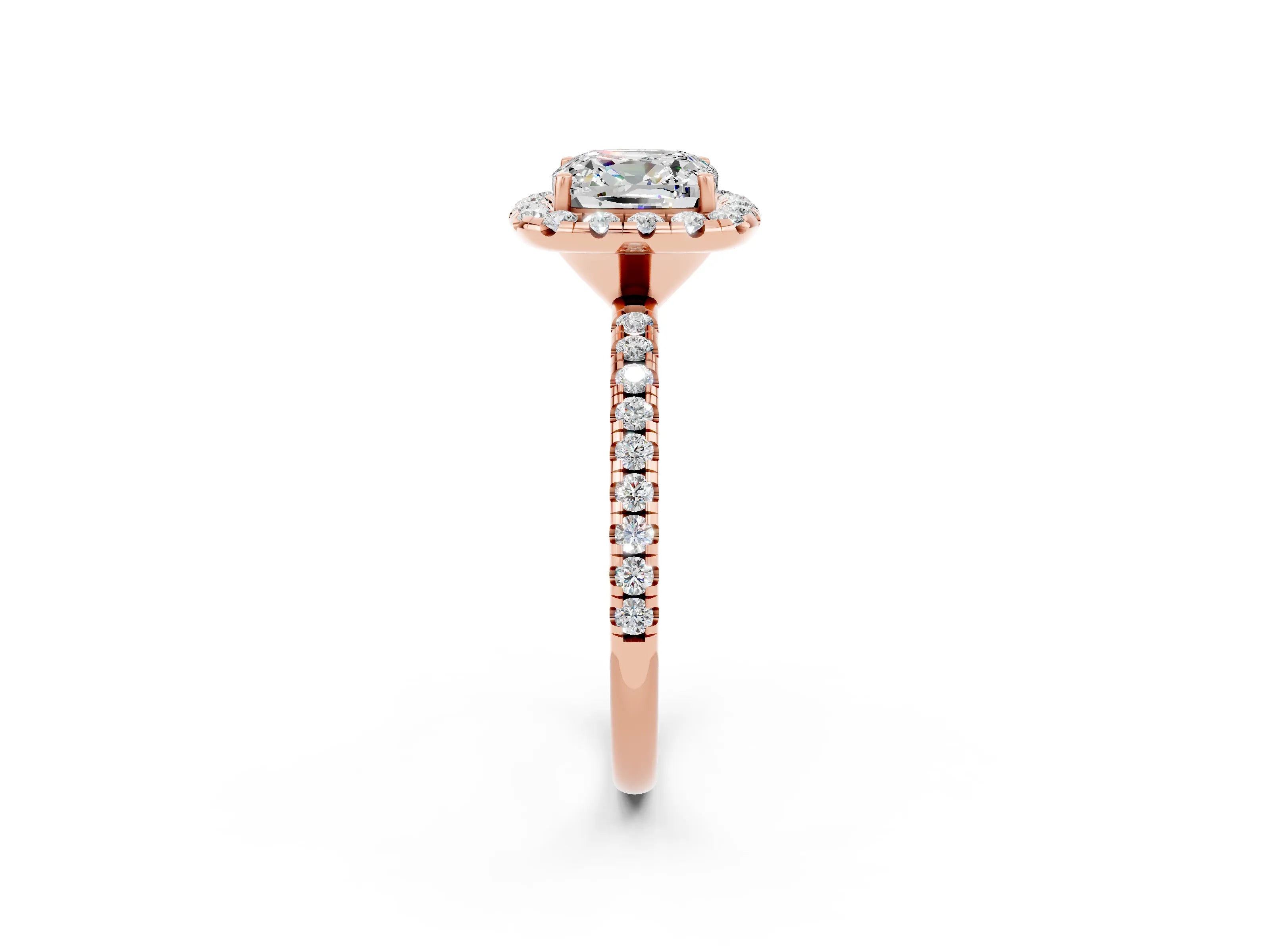 Rose gold Cushion Cut Cut Diamond Floral Halo Engagement Ring with Pavé Band and Prong Setting_2