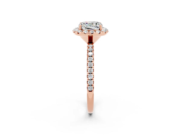 Rose gold Cushion Cut Moissanite Halo Engagement Ring with Round Pavé Band and Prong Setting