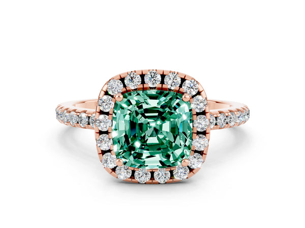 Rose gold Cushion Cut Green Sapphire Halo Engagement Ring with Round Pavé Band and Prong Setting