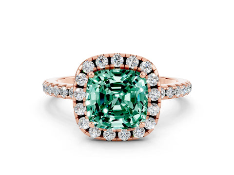 Rose gold Cushion Cut Cut Diamond Floral Halo Engagement Ring with Pavé Band and Prong Setting