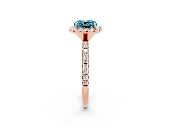 Rose gold Cushion Cut Cut Diamond Floral Halo Engagement Ring with Pavé Band and Prong Setting