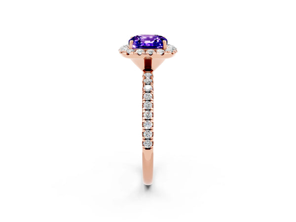 Rose gold Cushion Cut Tanzanite Halo Engagement Ring with Round Pavé Band and Prong Setting