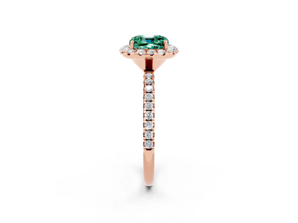 Rose gold Cushion Cut Green Sapphire Halo Engagement Ring with Round Pavé Band and Prong Setting