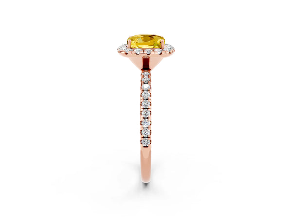 Rose gold Cushion Cut Yellow Sapphire Halo Engagement Ring with Round Pavé Band and Prong Setting