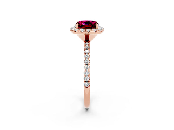 Rose gold Cushion Cut Garnet Halo Engagement Ring with Round Pavé Band and Prong Setting