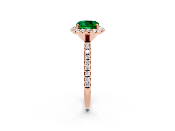 Rose gold Cushion Cut Emerald Halo Engagement Ring with Round Pavé Band and Prong Setting
