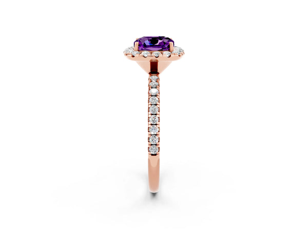 Rose gold Cushion Cut Amethyst Halo Engagement Ring with Round Pavé Band and Prong Setting