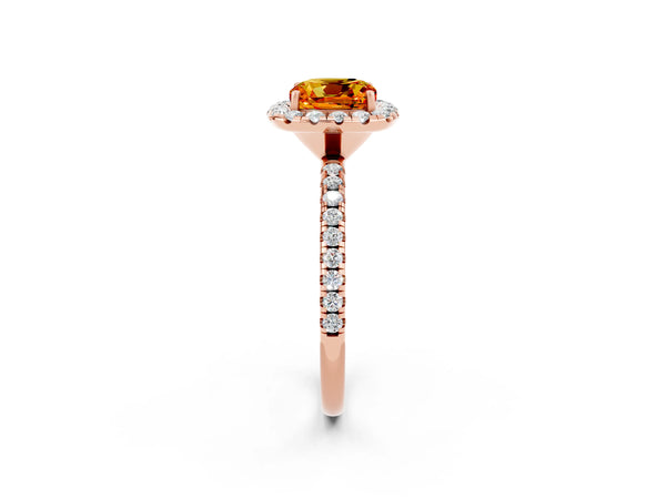 Rose gold Cushion Cut Citrine Halo Engagement Ring with Round Pavé Band and Prong Setting