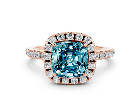 Rose gold Cushion Cut Cut Diamond Floral Halo Engagement Ring with Pavé Band and Prong Setting
