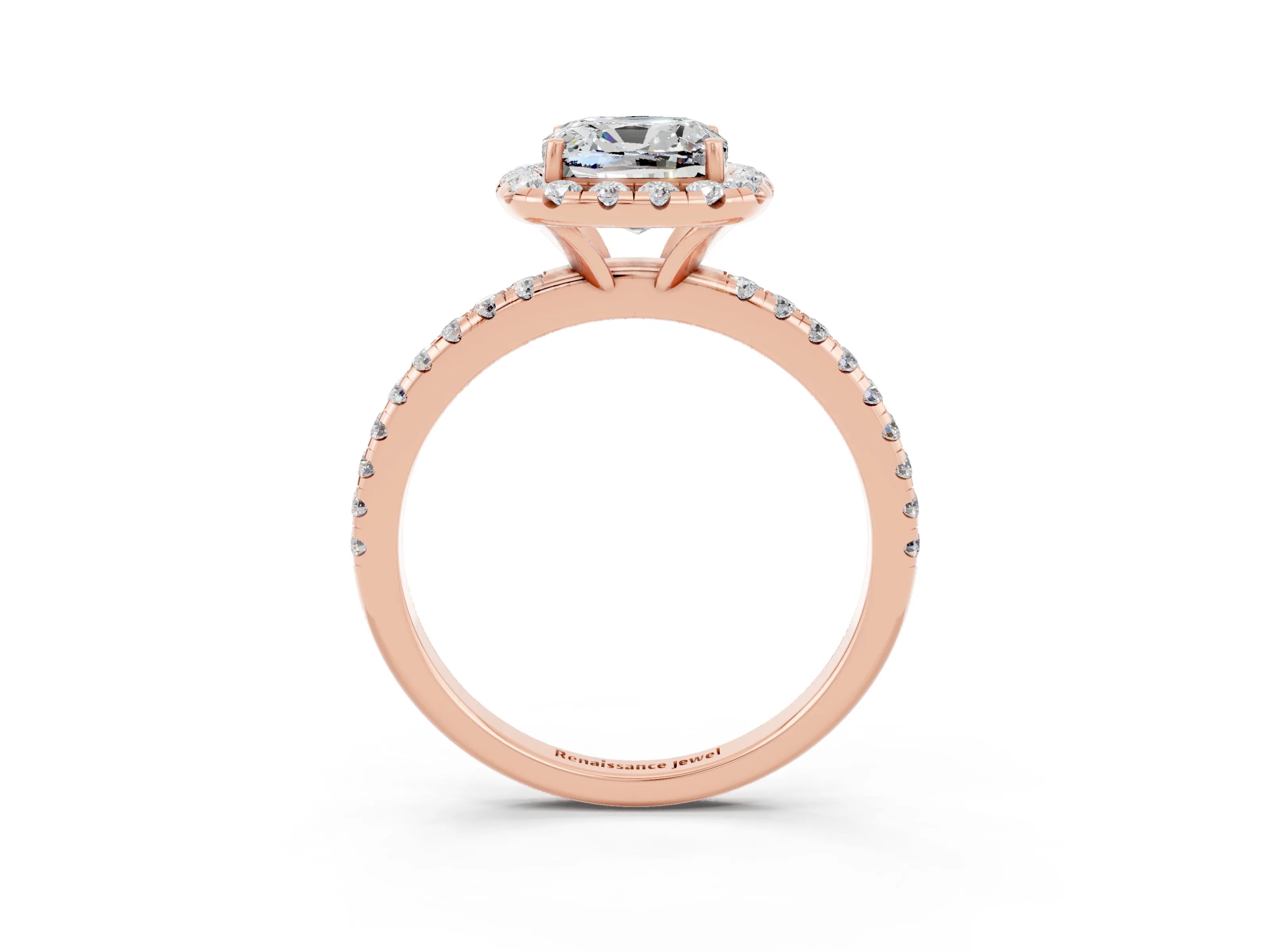 Rose gold Cushion Cut Cut Diamond Floral Halo Engagement Ring with Pavé Band and Prong Setting_3