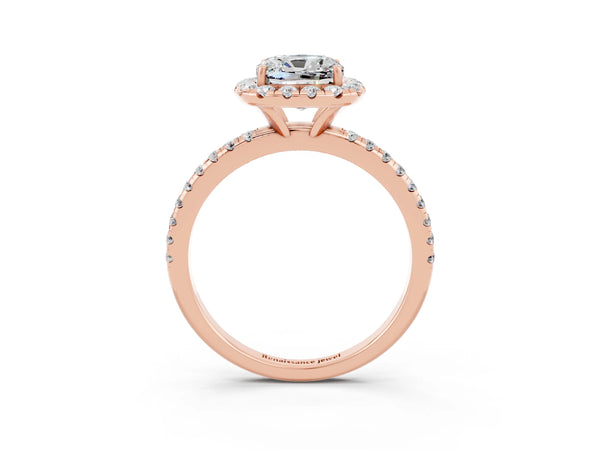 Rose gold Cushion Cut Moissanite Halo Engagement Ring with Round Pavé Band and Prong Setting