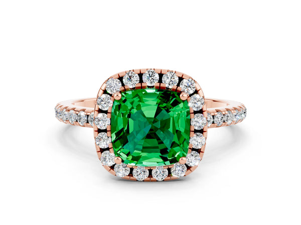 Rose gold Cushion Cut Emerald Halo Engagement Ring with Round Pavé Band and Prong Setting
