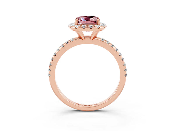 Rose gold Cushion Cut Cut Diamond Floral Halo Engagement Ring with Pavé Band and Prong Setting