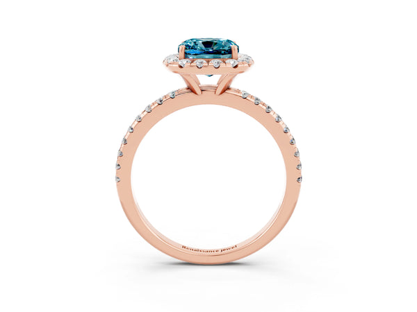 Rose gold Cushion Cut Cut Diamond Floral Halo Engagement Ring with Pavé Band and Prong Setting