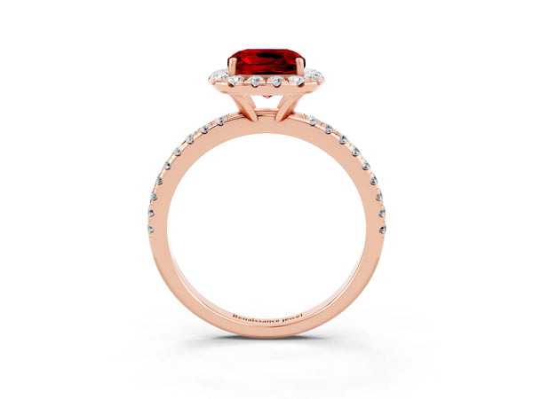Rose gold Cushion Cut Cut Diamond Floral Halo Engagement Ring with Pavé Band and Prong Setting