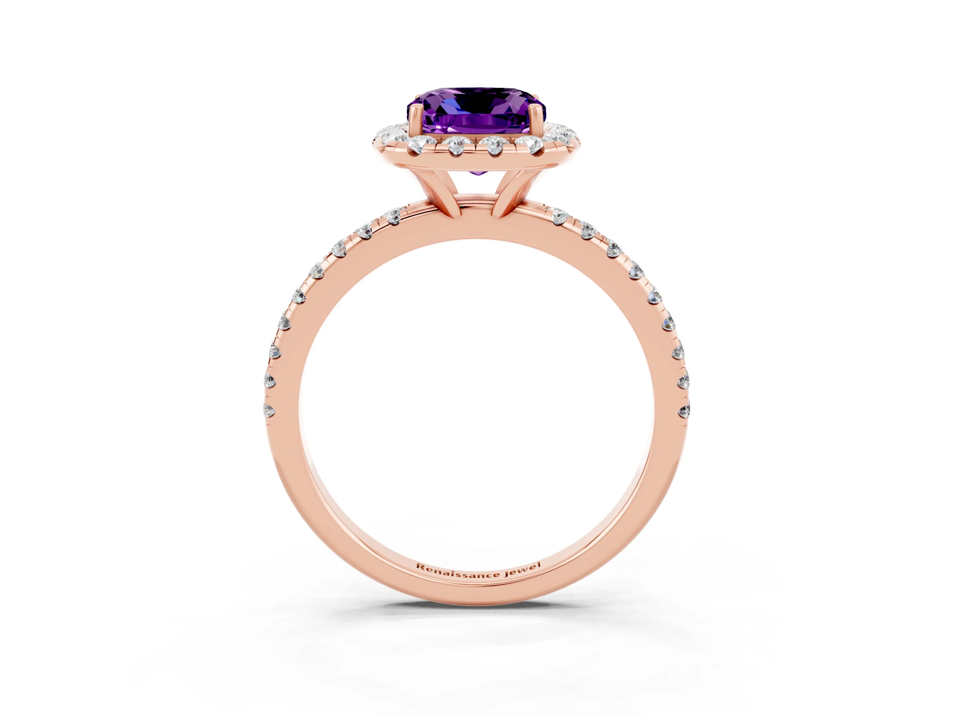 Rose gold Cushion Cut Cut Diamond Floral Halo Engagement Ring with Pavé Band and Prong Setting_3