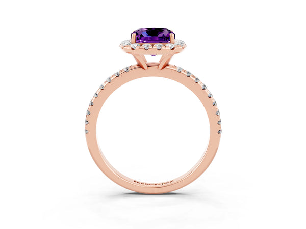 Rose gold Cushion Cut Amethyst Halo Engagement Ring with Round Pavé Band and Prong Setting