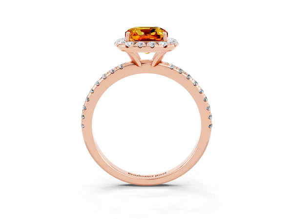 Rose gold Cushion Cut Citrine Halo Engagement Ring with Round Pavé Band and Prong Setting