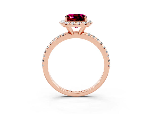 Rose gold Cushion Cut Garnet Halo Engagement Ring with Round Pavé Band and Prong Setting